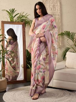 Sareemall - Womens Kanjeevaram Silk Lavender Digital Print Designer Saree With Unstitched Blouse