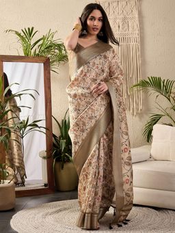 Sareemall - Womens Kanjeevaram Silk Olive Digital Print Designer Saree With Unstitched Blouse