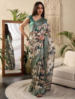 Sareemall - Womens Kanjeevaram Silk Green Digital Print Designer Saree With Unstitched Blouse