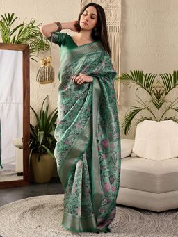 Sareemall - Womens Kanjeevaram Silk Light Green Digital Print Designer Saree With Unstitched Blouse