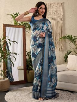 Sareemall - Womens Kanjeevaram Silk Dark Blue Digital Print Designer Saree With Unstitched Blouse