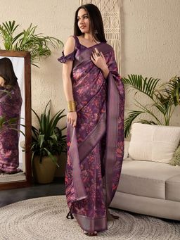 Sareemall - Womens Kanjeevaram Silk Purple Digital Print Designer Saree With Unstitched Blouse