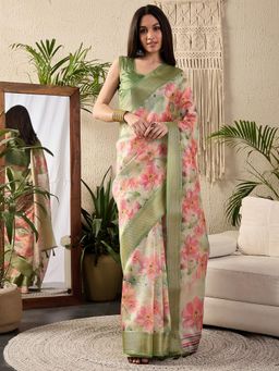 Sareemall - Womens Kanjeevaram Silk Light Green Digital Print Designer Saree With Unstitched Blouse