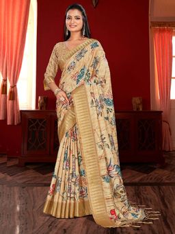 Sareemall - Womens Manipuri Silk Beige Printed Designer Saree With Unstitched Blouse