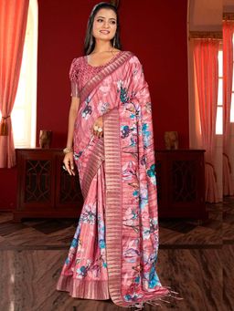 Sareemall - Womens Manipuri Silk Pink Printed Designer Saree With Unstitched Blouse