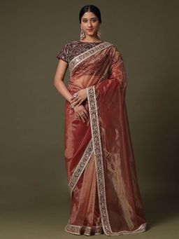 Sareemall - Womens Net Rust Embellished Designer Saree With Unstitched Blouse