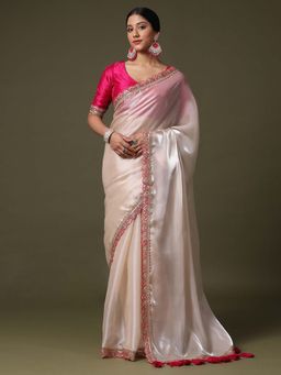 Sareemall - Womens Net Cream Embroidered Designer Saree With Unstitched Blouse