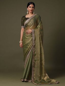 Sareemall - Womens Net Olive Embroidered Designer Saree With Unstitched Blouse