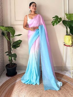 Sareemall - Womens Chiffon Pink Solid Ready to Wear With Unstitched Blouse