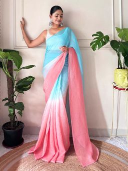 Sareemall - Womens Chiffon Light Blue Solid Ready to Wear With Unstitched Blouse