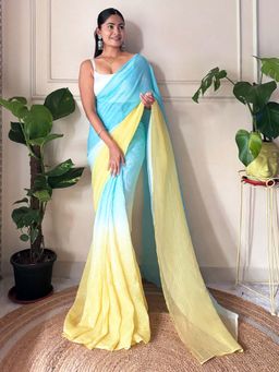 Sareemall - Womens Chiffon Light Blue Solid Ready to Wear With Unstitched Blouse