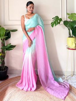 Sareemall - Womens Chiffon Light Blue Solid Ready to Wear With Unstitched Blouse
