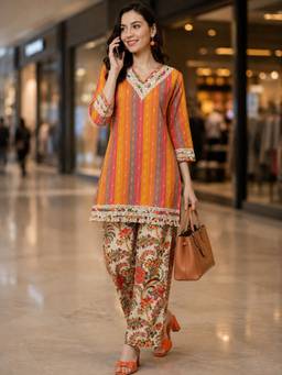 Gahan - Womens Multicolour Pure Cotton Striped Kurti and Palazzo - Multi-Color