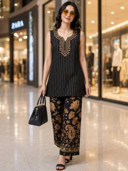 Gahan - Womens Black Pure Cotton Sleeveless Kurti and Palazzo - Black