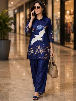 Gahan - Womens Navy Blue Cotton Blend Printed Co-Ord Set - Navy Blue