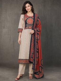Gahan - Womens Pure Cotton Beige & Red Woven Kurta and Pant with Dupatta - Beige