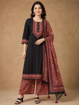 Gahan - Womens Black Pure Cotton Kurta with Printed Palazzo & Dupatta - Black