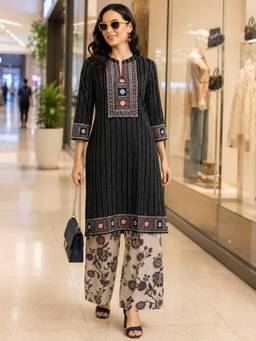 Gahan - Womens Black Pure Cotton Kantha Work Kurta and Palazzos - Black