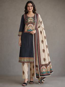 Gahan - Womens Black Pure Cotton Woven Kurta with Pant & Dupatta - Navy Blue