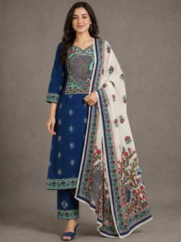 Gahan - Womens Blue Pure Cotton Woven Kurta with Pant & Dupatta - Blue
