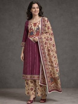 Gahan - Womens Wine Pure Cotton Woven Kurta with Pant & Dupatta - Wine