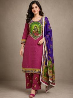 Gahan - Womens Pink & Purple Pure Cotton Woven Kurta and Pant with Dupatta - Pink