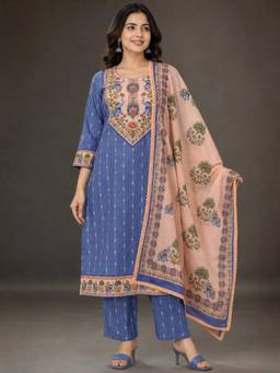 Gahan - Womens Blue Pure Cotton Woven Kurta and Pant with Peach Dupatta - Blue