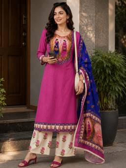 Gahan - Womens Magenta Pure Cotton Woven Kurta with Pant & Dupatta - Magenta