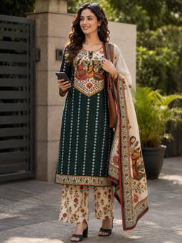 Gahan - Womens Green Pure Cotton Woven Kurta and Pant with Pant & Dupatta - Green