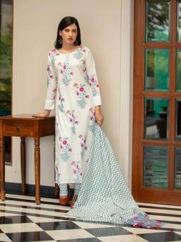 Gahan - Womens Cotton Blend Floral Printed Straight Kurta and Palazzo with Dupatta - White