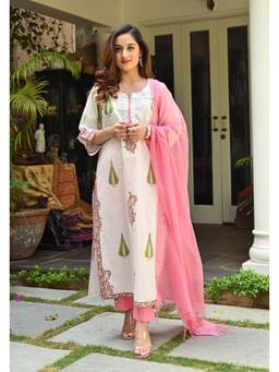 Gahan - Womens White Cotton Blend Printed Kurta and Pant with Dupatta - White