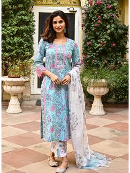 Gahan - Womens Cotton Blend Straight Kurta and Pant with Dupatta - Sky Blue