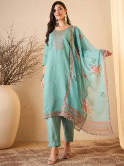 Gahan - Womens Viscose Chanderi Yoke Design Embroidered Kurta and Pant with Dupatta - Green