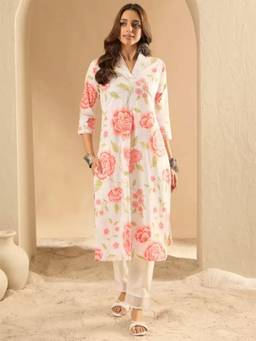 Gahan - Womens Beige Floral Printed Blend Cotton Kurta - Beige
