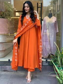 Gahan - Womens Yoke Design Embroidered Straight Anarkali Kurta Pant With Dupatta - Orange