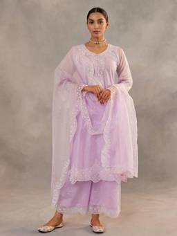 Gahan - Womens Chanderi Embroidered Straight Kurta and Pant with Dupatta - Lavender