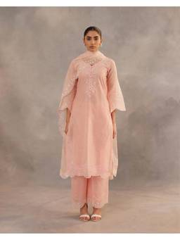 Gahan - Womens Chanderi Embroidered Straight Kurta and Pant with Dupatta - Peach
