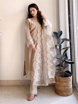 Gahan - Womens Silk Blend Embroidered Straight Kurta and Pant with Dupatta - Beige