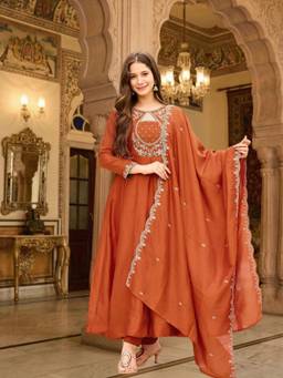Gahan - Womens Silk Blend Embroidered Anarkali Kurta and Pant and Pant with Dupatta - Rust