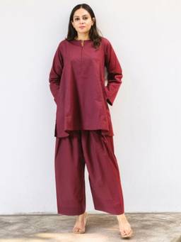 Gahan - Womens Chanderi Plain Solid Casual Co-Ord Set - Maroon