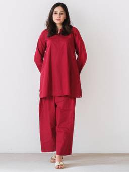 Gahan - Womens Chanderi Plain Solid Casual Co-Ord Set - Red