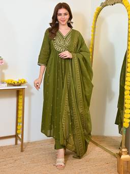 Gahan - Womens Green Poly Rayon Embroidered Flared Anarkali Kurta and Pant with Dupatta