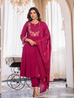 Gahan - Womens Magenta Pink Poly Rayon Embroidered Anarkali Kurta and Pant with Dupatta