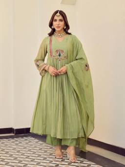 Gahan - Womens Pista Green Mul Chanderi Embroidered Anarkali Kurta with Dupatta