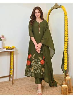 Gahan - Womens Olive Green PV Chanderi Embroidered Anarkali Kurta and Pant with Dupatta