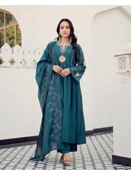 Gahan - Womens Ocean Blue Muslin & Chinon Embroidered Anarkali Kurta and Pant with Dupatta