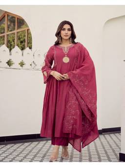 Gahan - Womens Rani Pink Muslin & Chinon Embroidered Anarkali Kurta and Pant with Dupatta