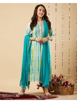 Gahan - Womens Printed Cotton Blend Embroidery Kurta and Pant with Dupatta - Teal