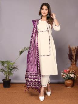 Gahan - Womens Pure Cotton Floral Embroidered Straight Kurta and Pant with Dupatta - Cream