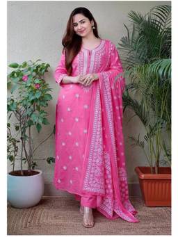 Gahan - Womens Viscose Floral Embroidered Straight Kurta and Pant with Dupatta - Pink